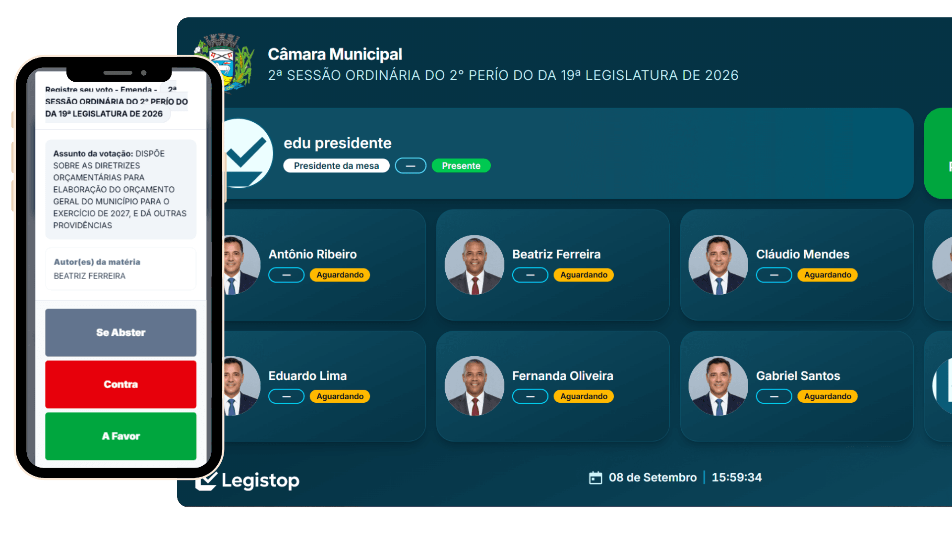 Interface do sistema legislativo e de votação eletrônica da Legistop