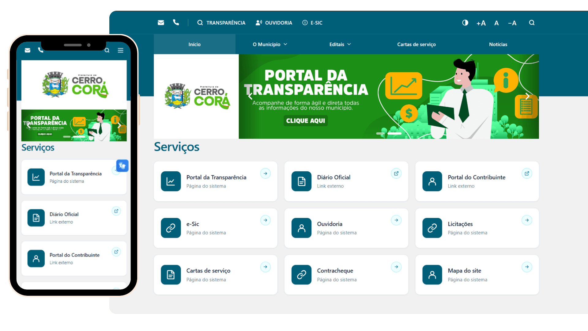 Portal oficial de uma Prefeitura nas versões para computador e celular